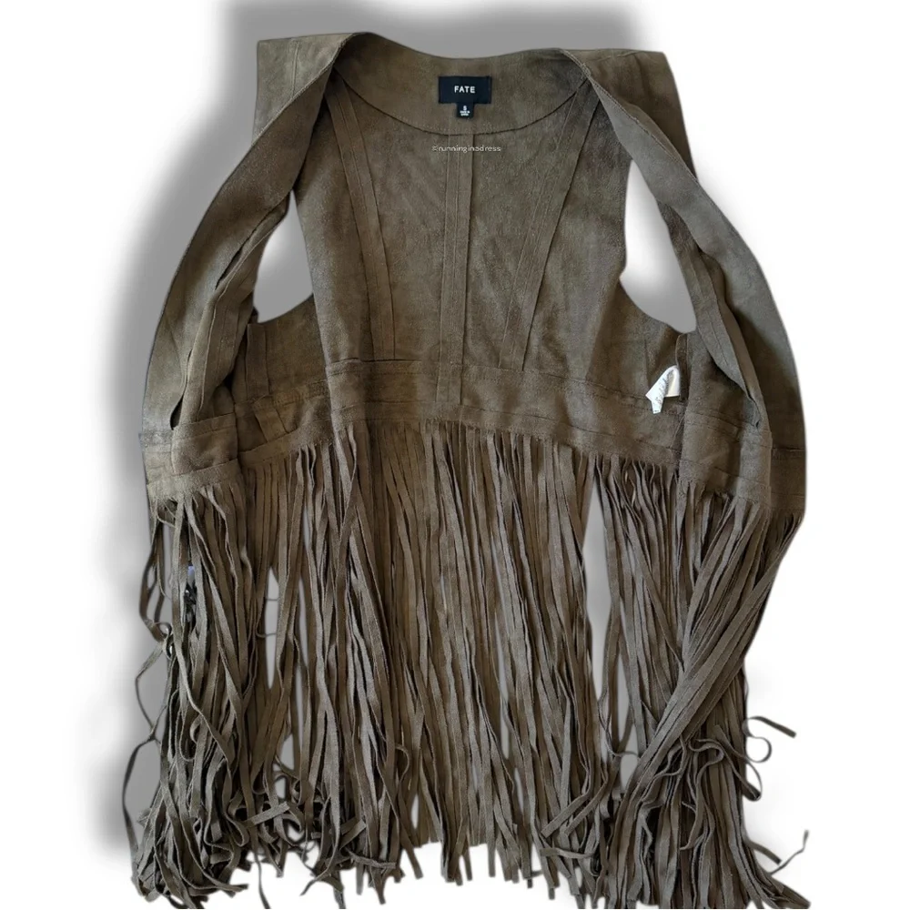 FATE Woodstock Olive Green Faux Suede Fringe Vest Western Festival Boho  Small - Picture 10 of 13